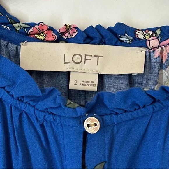 Loft Floral Tiered Maxi Dress Blue Long Balloon Sleeve Belted Full Length Size 2 - Picture 6 of 12